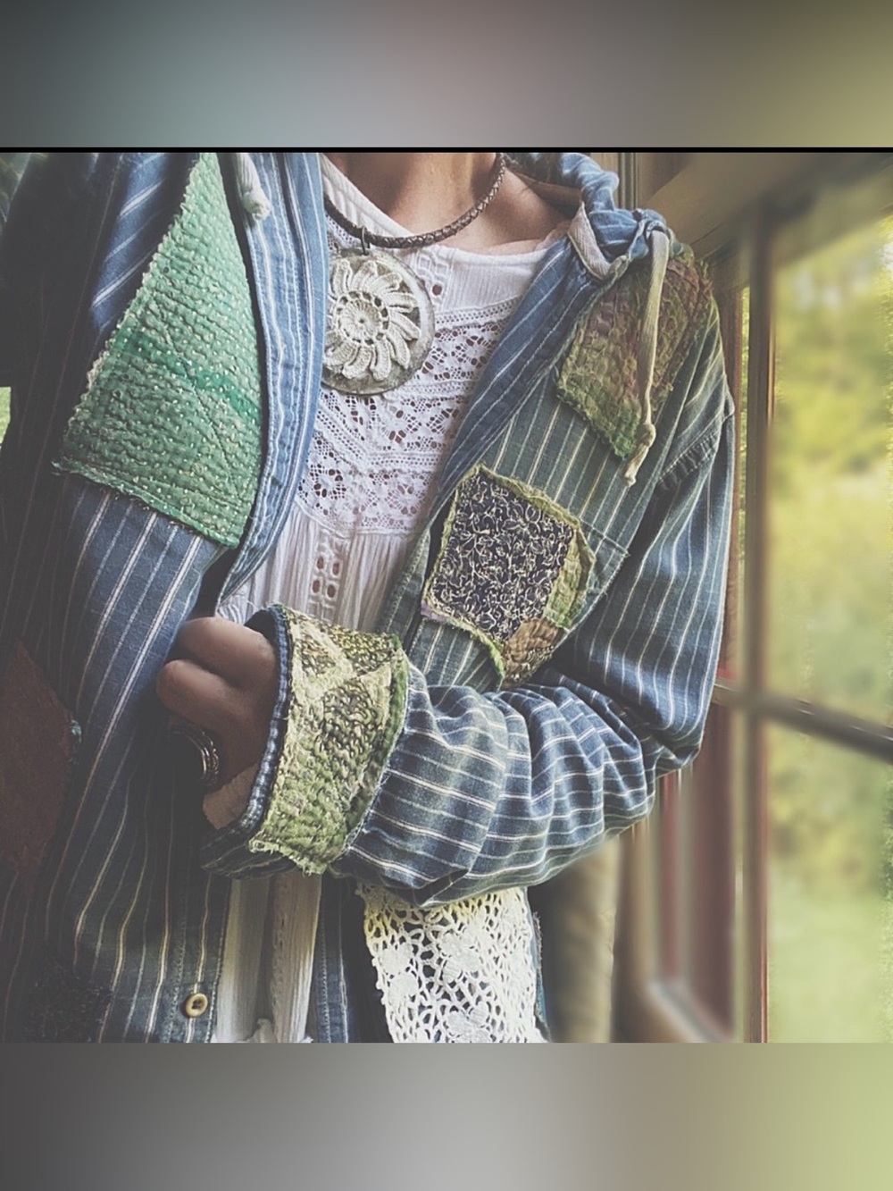 Button-Down Shirt with Vintage Patchwork ptp 22” length 28”. Hoodie